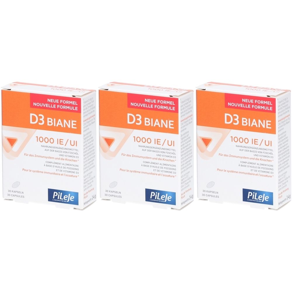 Drei Schachteln D3 Biane Tabletten. Orange-weiße Verpackung mit Produktnamen, Dosierung und Logo. Aufschrift: Neue Formel.