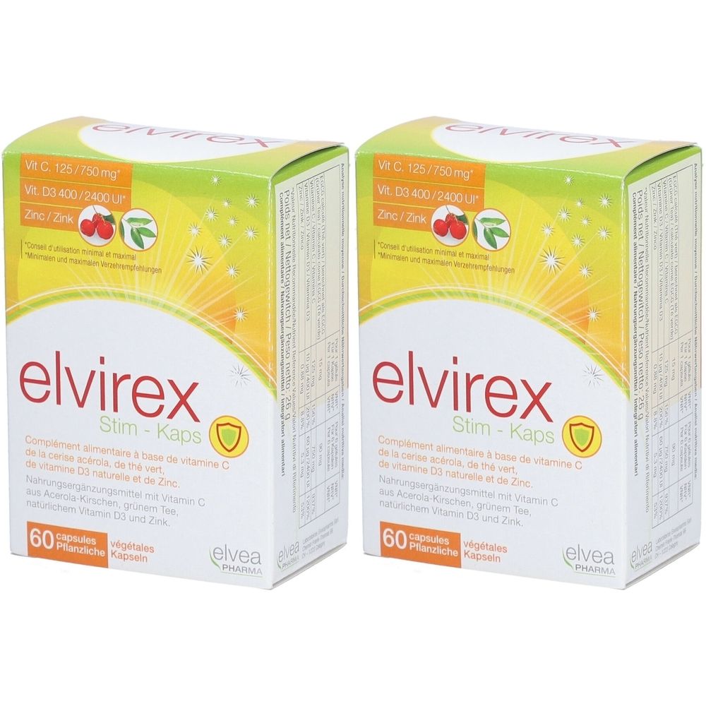 Zwei Schachteln mit "elvirex Stim-Kaps". Aufschrift: Vit. C, Vit. D3, Zink. 60 Kapseln. Marke: elvea. Grün, gelb und weißes Design.