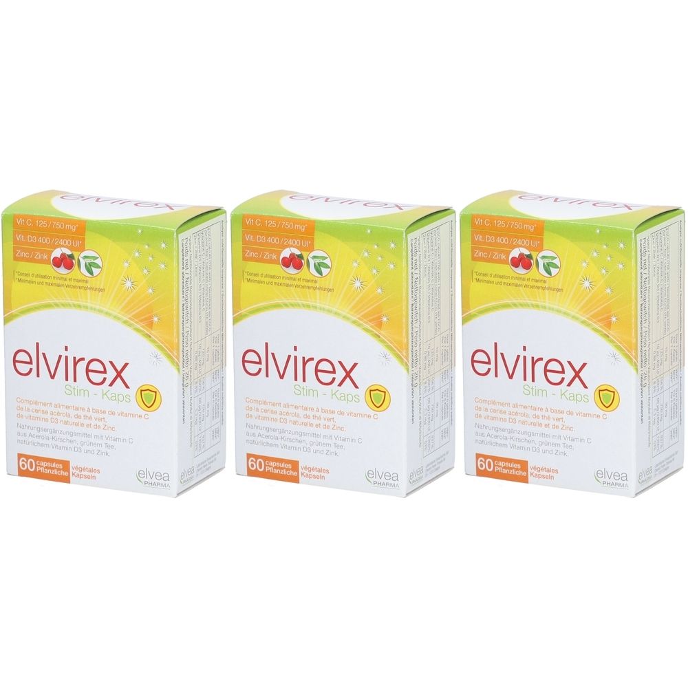 Drei Schachteln mit dem Produktnamen elvirex Stim-Kaps. Jede Schachtel enthält 60 Kapseln. Aufdrucke: Vitamin C, Zink, Selen.