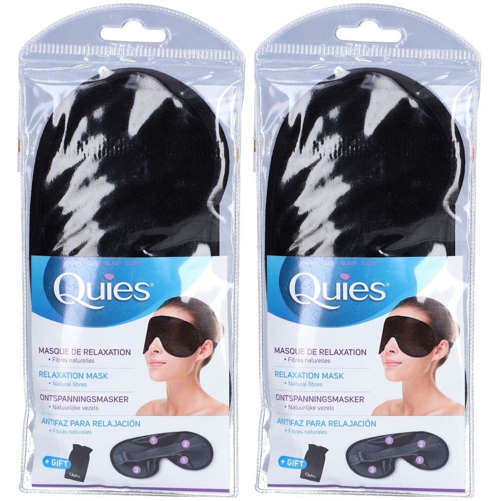 Deux masques pour les yeux noirs dans un emballage transparent. Le nom de la marque "Quies" et une illustration d'une personne portant un masque pour les yeux sont visibles.