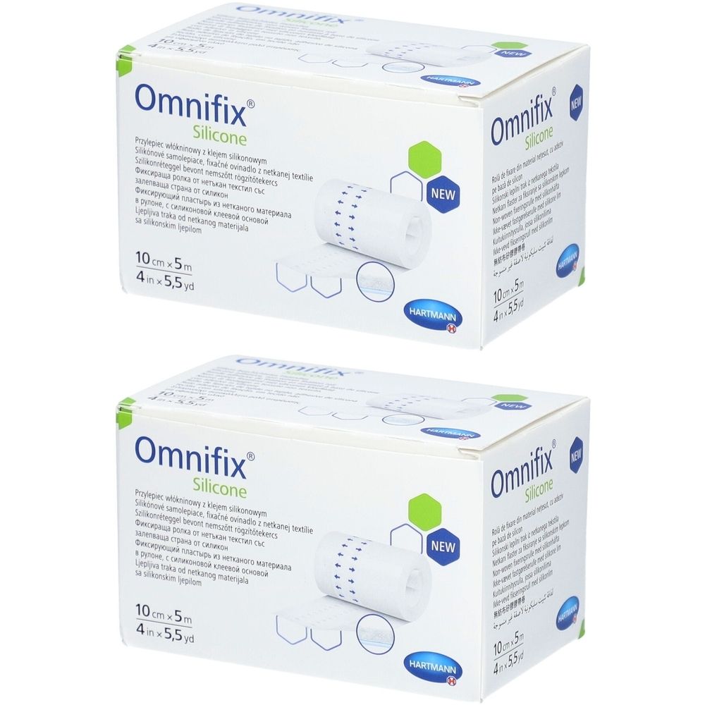 Zwei Kartons Omnifix Silicone. Aufdrucke: 10 cm x 5 m, Hartmann. Produktabbildung und Text in mehreren Sprachen.