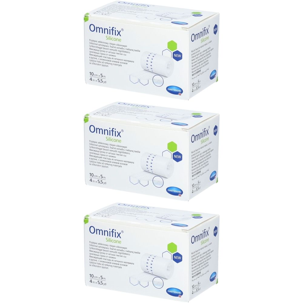 Drei weiße Kartons mit der Aufschrift "Omnifix silicone". Auf jedem Karton sind Produktinformationen und ein "NEW"-Label abgebildet.