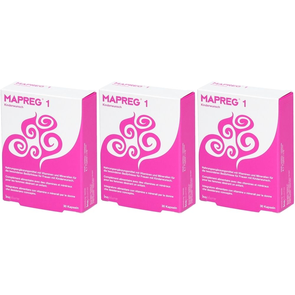 Drei Schachteln mit der Aufschrift MAPREG 1. Rosa-weiße Verpackung mit einem rosa Muster. Unten steht 30 Kapseln.