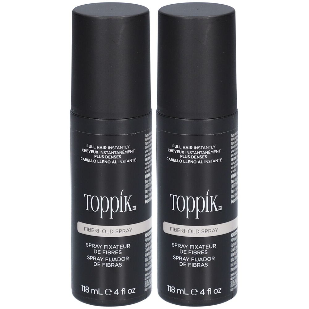 Zwei schwarze Sprühflaschen mit dem Aufdruck "Toppik Fiberhold Spray". Text in Englisch, Französisch und Spanisch. 118 ml.