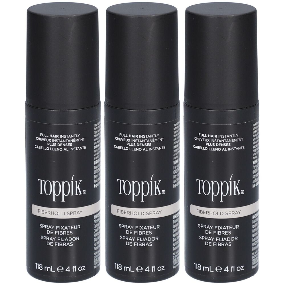 Drei schwarze Sprühflaschen mit dem Produktnamen Toppik. Aufschrift: Fiberhold Spray. Volumen: 118 ml.