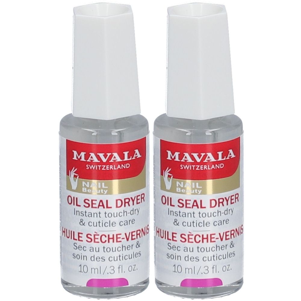 Zwei Flaschen mit weißem Deckel. Aufschrift: MAVALA, OIL SEAL DRYER, HUILE SÈCHE-VERNIS. Klare Flüssigkeit. 10 ml.