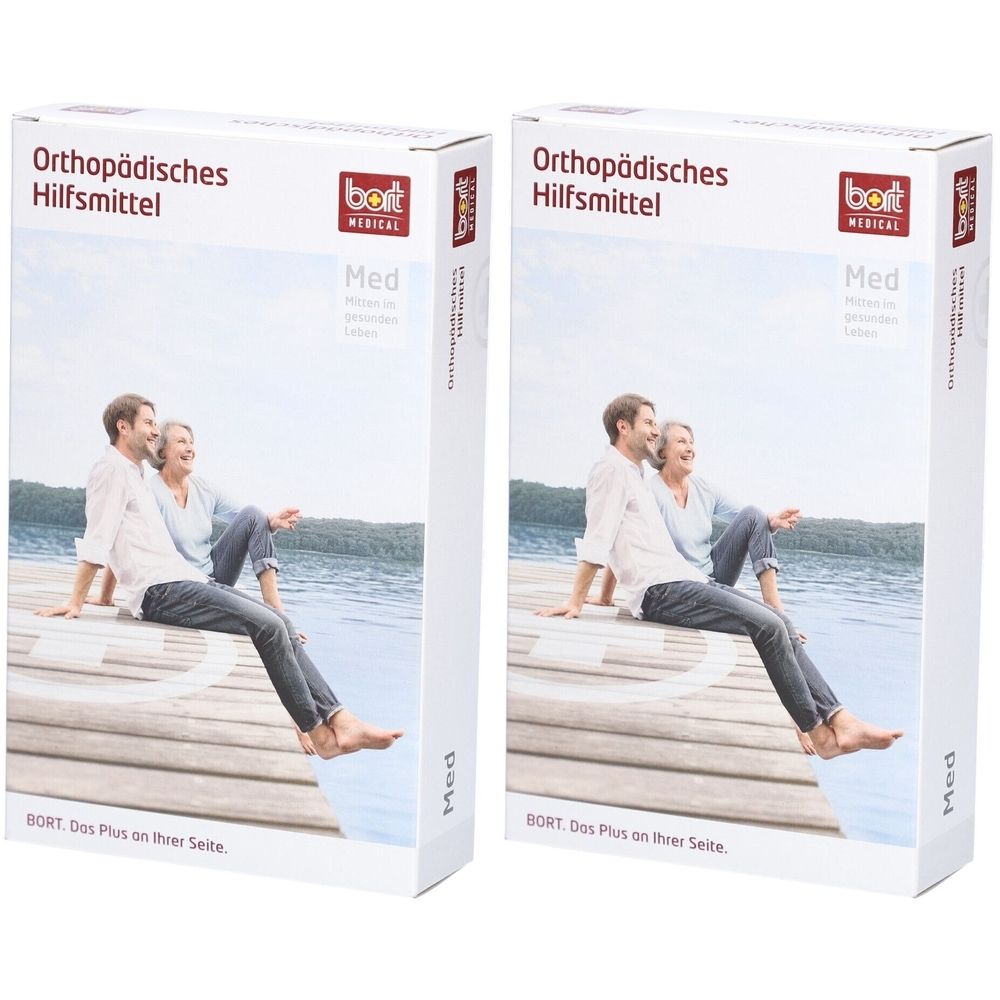 Deux boîtes rectangulaires. Inscription : Orthopädisches Hilfsmittel, logo BORT MEDICAL, Med. Image : couple sur une jetée.