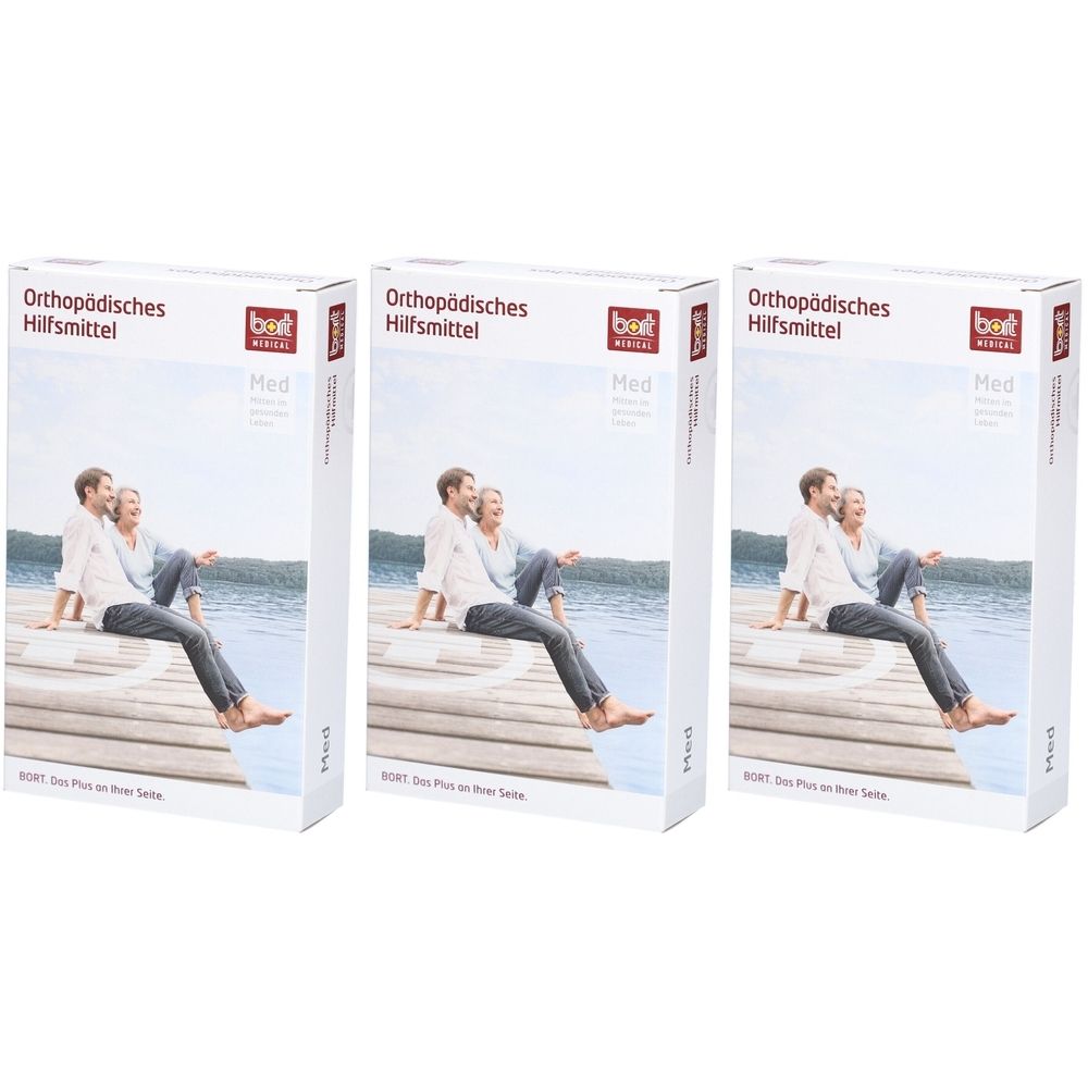 Trois boîtes rectangulaires. Impression : Dispositif médical orthopédique, marque bort medical. Image : couple sur une jetée au bord du lac.