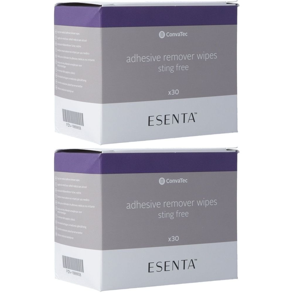 Zwei Kartons ESENTA Pflasterentferner-Tücher. Aufschrift: adhesive remover wipes, sting free, x30. Marke: ESENTA, ConvaTec.