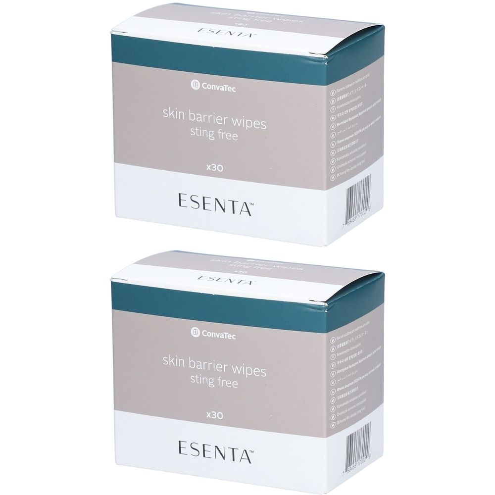 Zwei Kartons mit ESENTA Hautschutzfilm Tüchern. Aufschrift: skin barrier wipes, sting free, x30. Marke ESENTA.