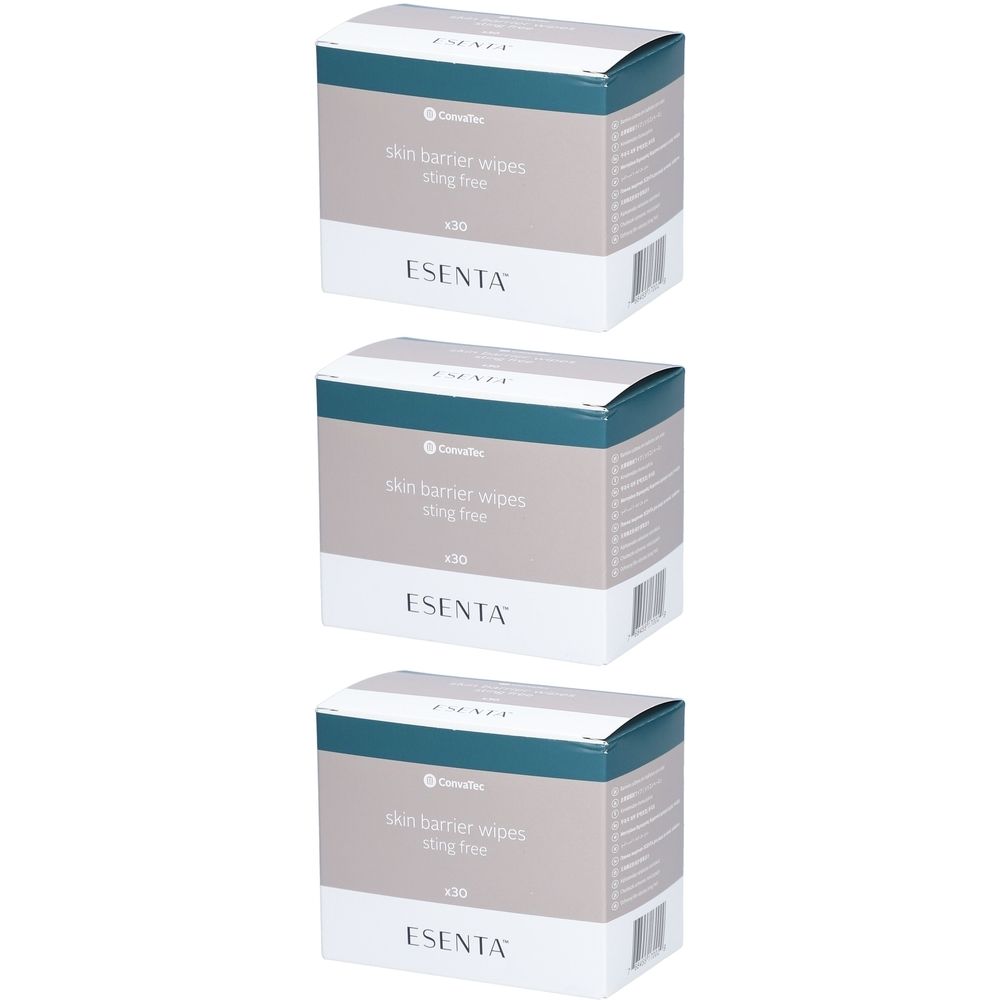 Drei Kartons mit ESENTA Hautschutzfilm Tüchern. Aufschrift: skin barrier wipes, sting free, x30. Farbgebung: Weiß, Grau, Türkis.