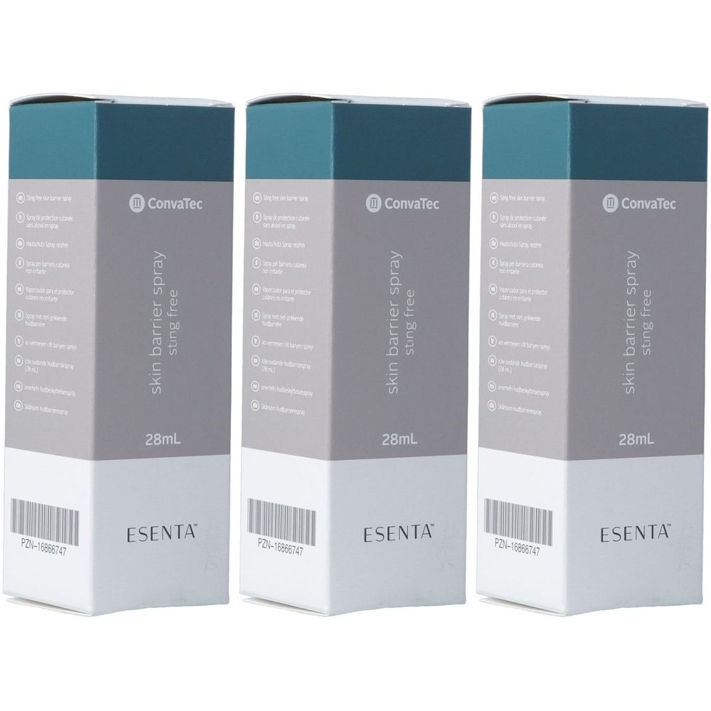 Drei ESENTA™ Hautschutz-Spray-Verpackungen. Graue, weiße und blaue Schachteln mit Text und Barcode. Aufschrift: Skin barrier spray sting free.