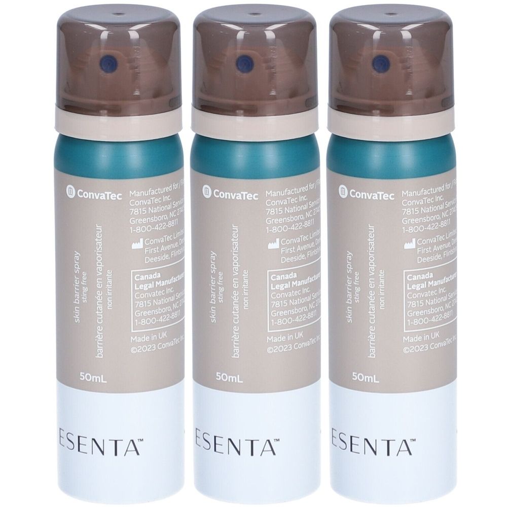Trois flacons de spray ESENTA. Bouteilles turquoise et marron avec vaporisateur. Inscription: ConvaTec, 50ml, spray barrière cutanée.