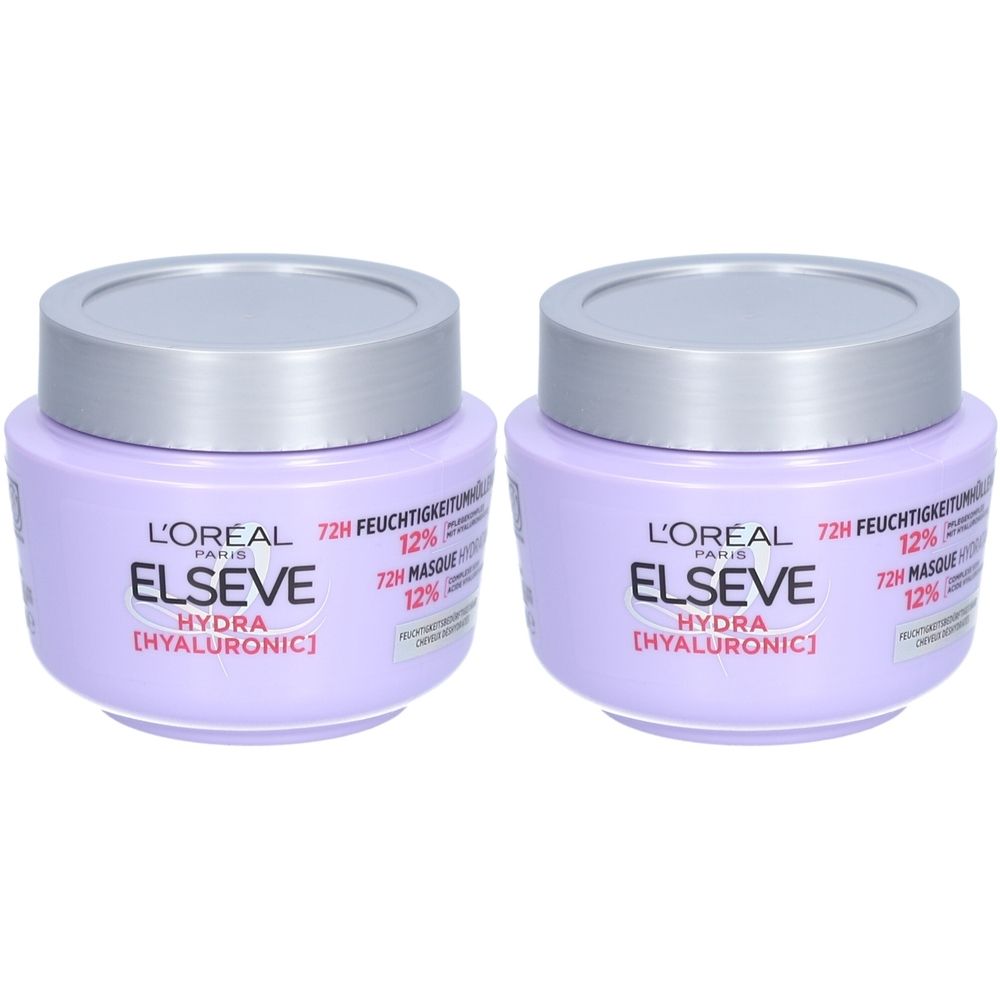 Zwei lila Tiegel mit silbernen Deckeln. Auf den Tiegeln steht „L'ORÉAL PARIS ELSEVE HYDRA [HYALURONIC]“ und weitere Text.