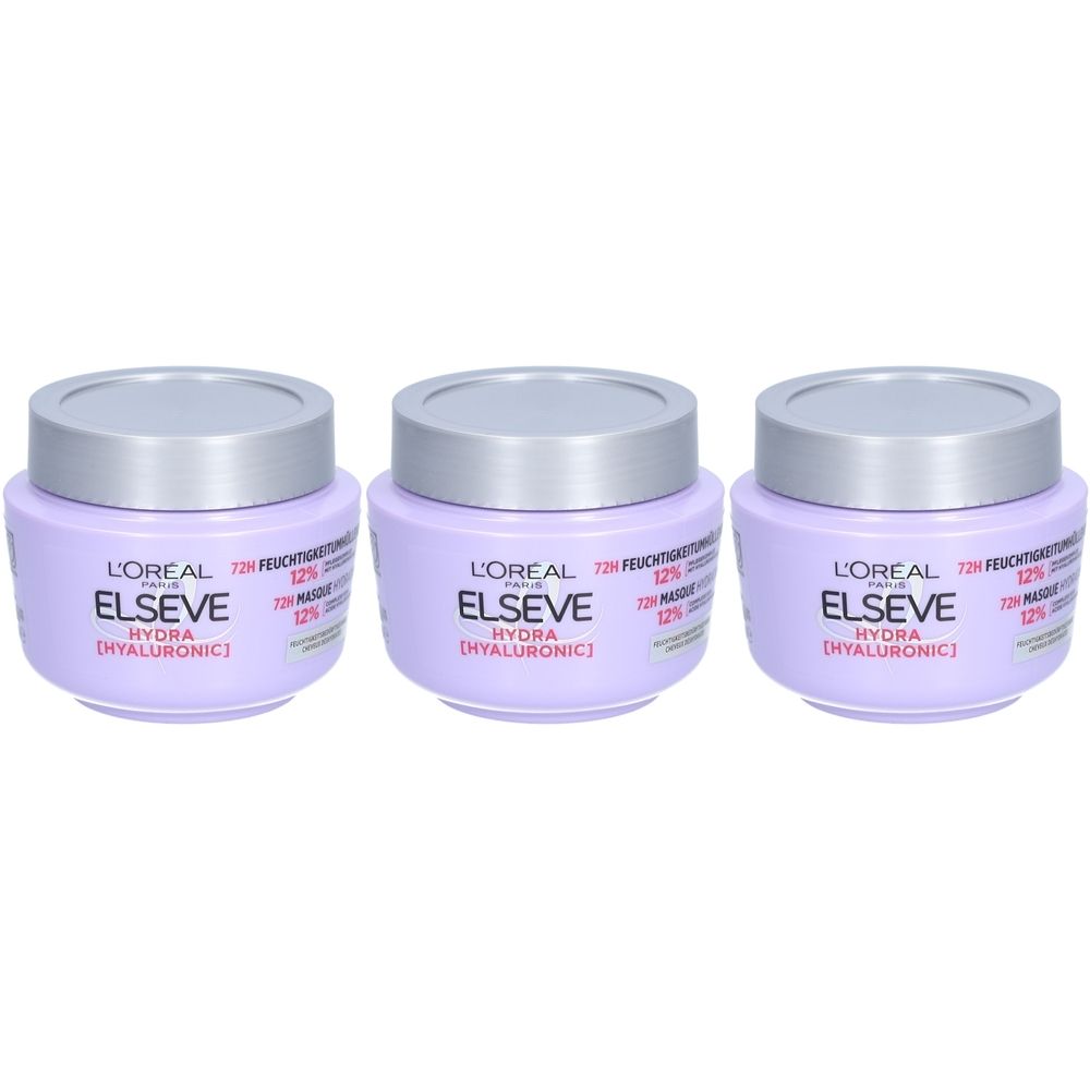 Drei Tiegel L'Oréal Paris Elseve Hydra Hyaluronic Hydratationsmaske. Lila Tiegel mit silbernem Deckel. Schriftzug Elseve, Hydra Hyaluronic.