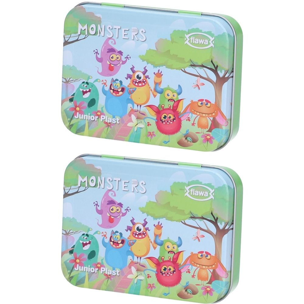 Deux boîtes métalliques rectangulaires avec illustrations de monstres. Inscriptions : MONSTERS, Junior Plast, flawa. Bordure verte.