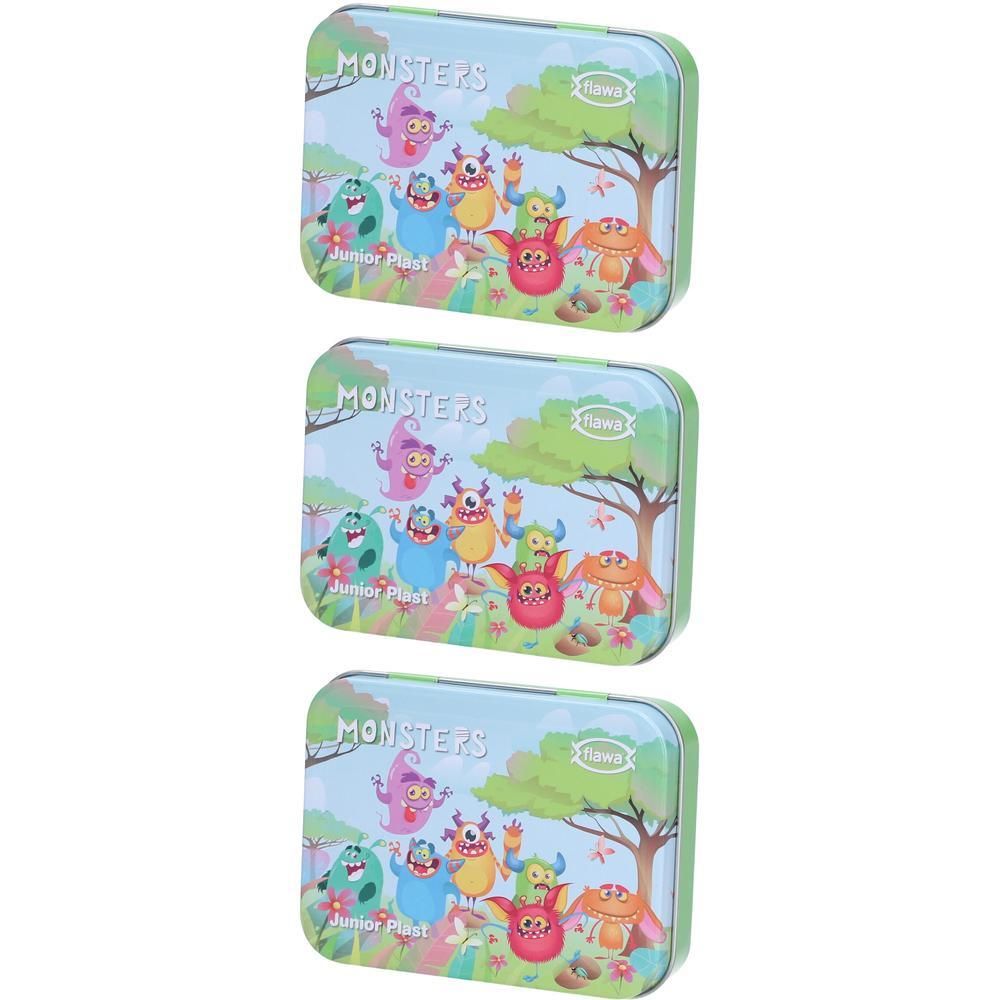 Trois boîtes métalliques rectangulaires illustrées de monstres colorés avec l'inscription "MONSTERS".