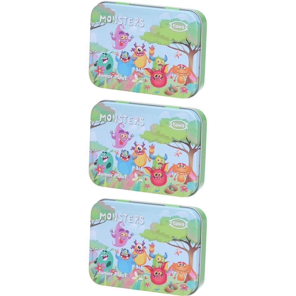 Trois boîtes métalliques rectangulaires avec des illustrations de monstres. Inscription "MONSTERS" et "Junior Plast". Marque FLAWA.