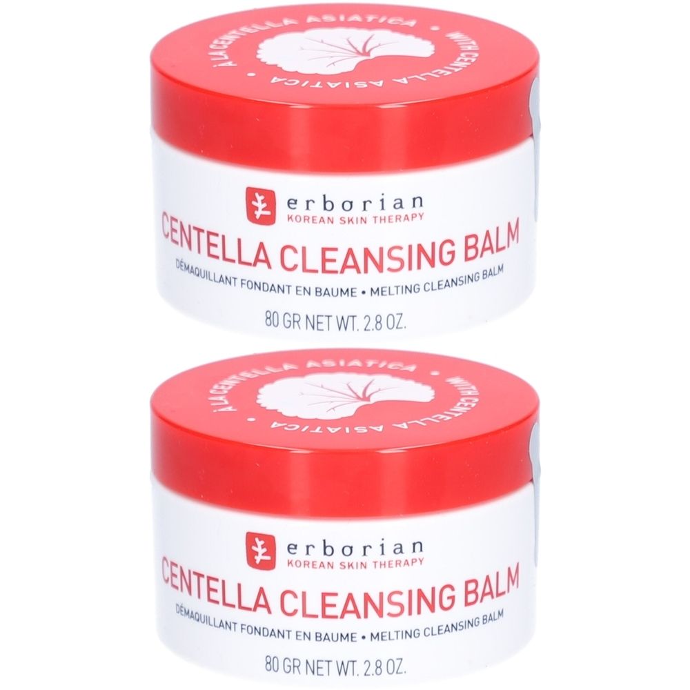 Zwei weiße Tiegel mit rotem Deckel. Aufschrift: Centella Cleansing Balm, Marke Erborian. Text in Englisch und Französisch.