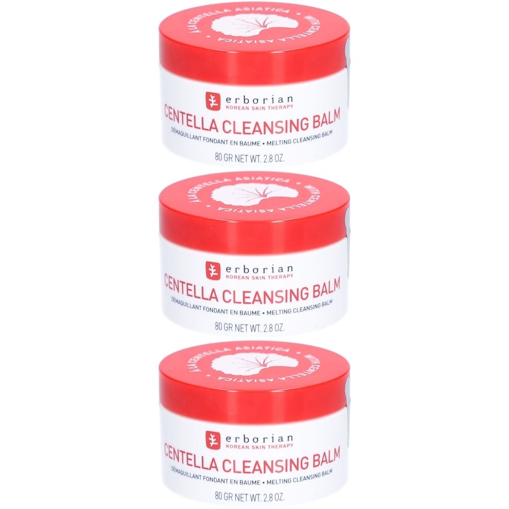 Drei runde Tiegel mit rotem Deckel und weißem Etikett. Aufschrift: Centella Cleansing Balm, Marke Erborian.