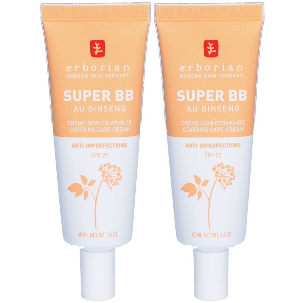 Zwei Tuben Erborian Super BB Creme. Weiß-orangefarbene Verpackung mit Produktnamen und SPF 20. Aufschrift: Anti-Unreinheiten.