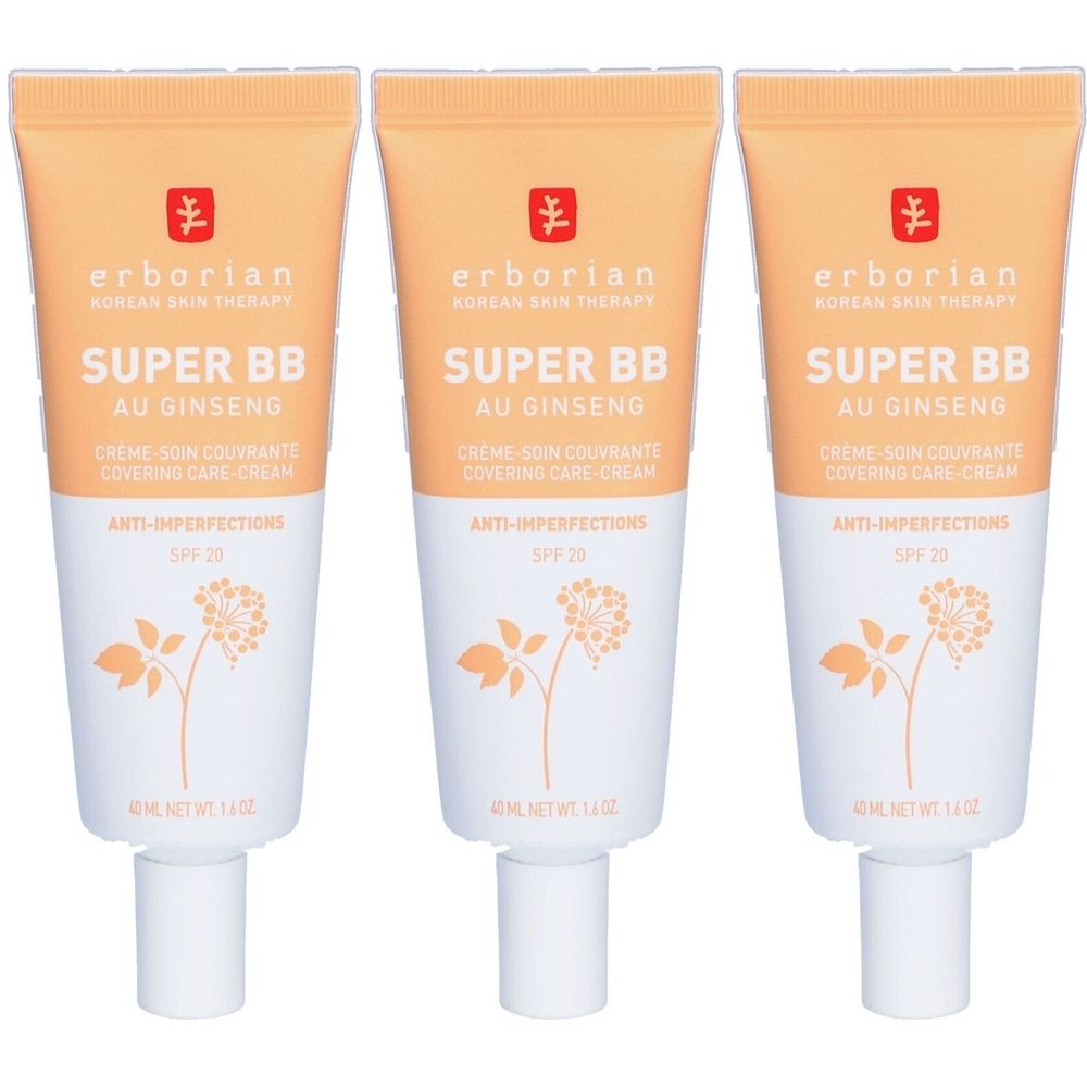 Drei Tuben Erborian Super BB Creme. Orangefarbener Deckel, weißer Körper. Aufschrift: Super BB, Au Ginseng, Anti-Imperfections, SPF 20.