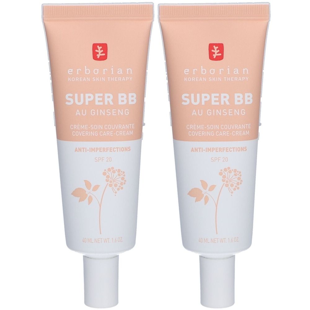 Zwei Tuben Erborian Super BB Creme. Farbverlauf von Pfirsich zu Weiß. Text: Super BB, Au Ginseng, Anti-Imperfections, SPF 20.