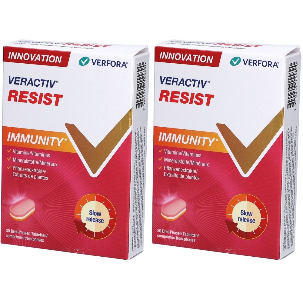 Zwei Packungen VERACTIV Resist, mit Aufschrift IMMUNITY. Enthält Vitamine, Mineralstoffe und Pflanzenextrakte. Mit Slow-Release-Funktion.