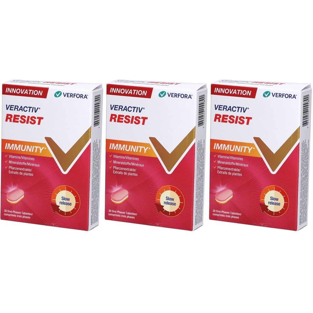 Drei Schachteln VERACTIV Resist. Weiße Verpackung mit rotem und braunem Design. Schriftzug: IMMUNITY, Slow Release.
