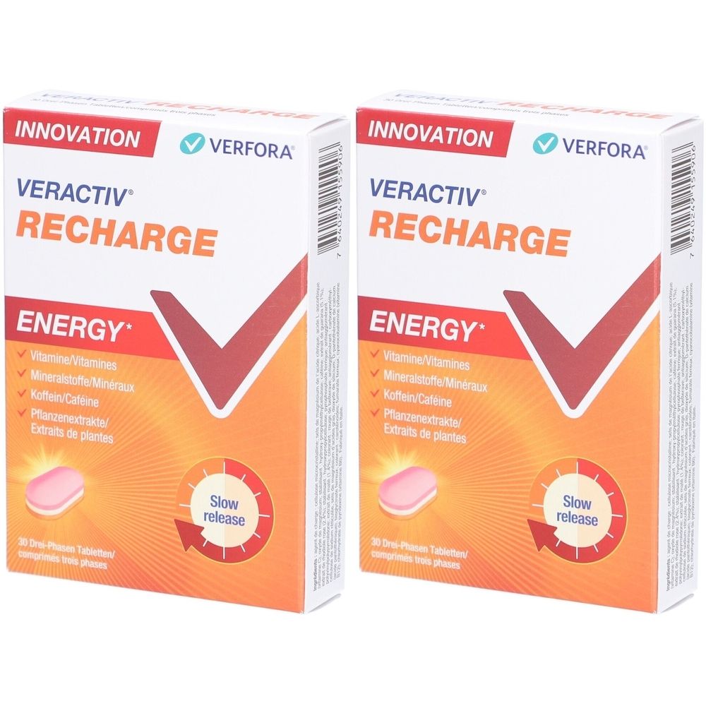 Zwei Schachteln VERACTIV Recharge Energy. Weiße Verpackung mit orangefarbenem Hintergrund und Produktnamen. Enthält Tabletten mit langsamer Freisetzung.
