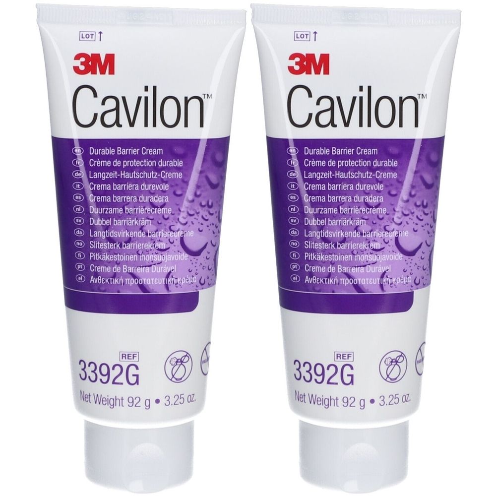 Zwei Tuben 3M Cavilon Creme. Weiße Tuben mit lila Akzenten. Text: Durable Barrier Cream, 3392G, 92g.