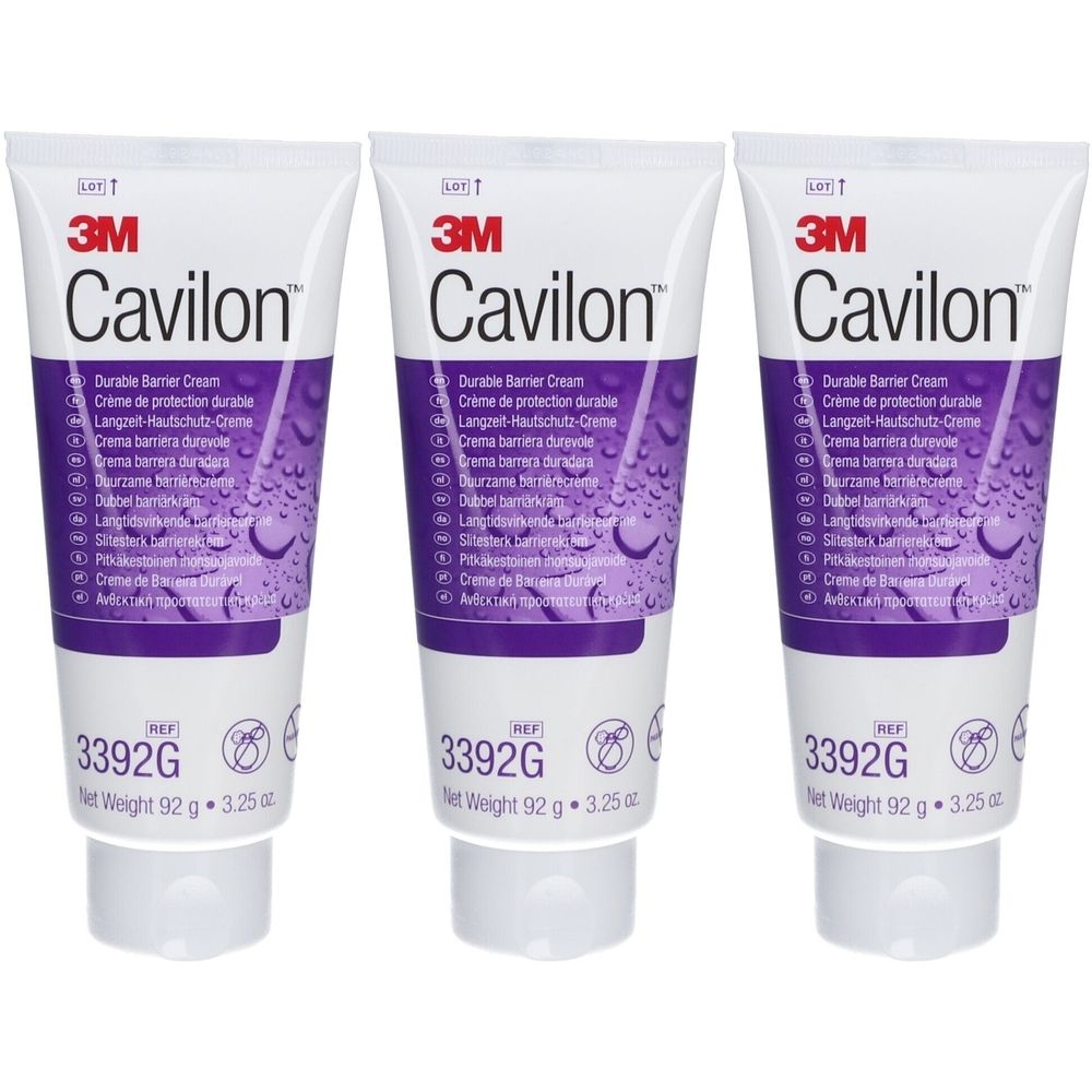 Drei Tuben 3M Cavilon Creme. Weiße Tuben mit lila Akzenten und Produktbezeichnungen. Aufschrift: Durable Barrier Cream.