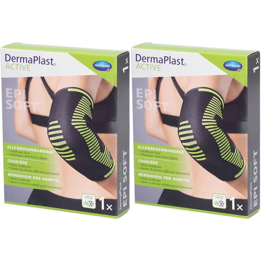 Deux boîtes de bandage de coude Dermaplast Aktiv Epi Soft. Bandage noir à rayures vertes, présenté sur emballage.