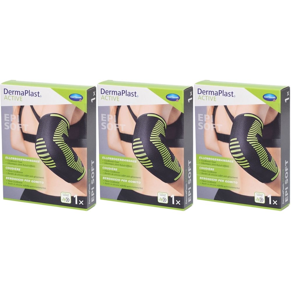 Trois boîtes de Dermaplast Aktiv Epi Soft. Bandage noir à rayures jaunes. Emballage avec image du produit.