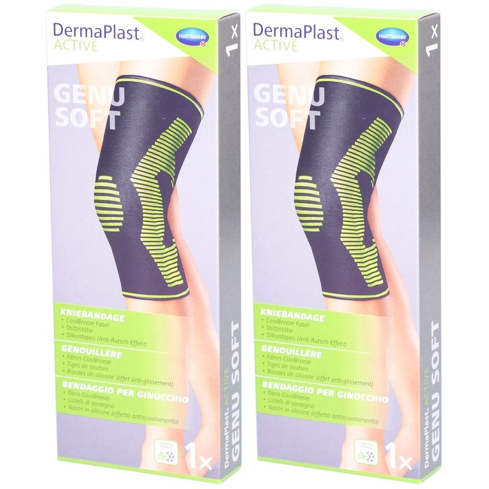 Deux boîtes de genouillères. Bandage noir avec des accents jaunes, sur un emballage avec nom et logo du produit.