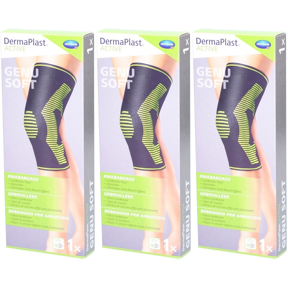 Trois boîtes de genouillères. Chaque boîte montre une genouillère grise et jaune. La marque est Dermaplast.