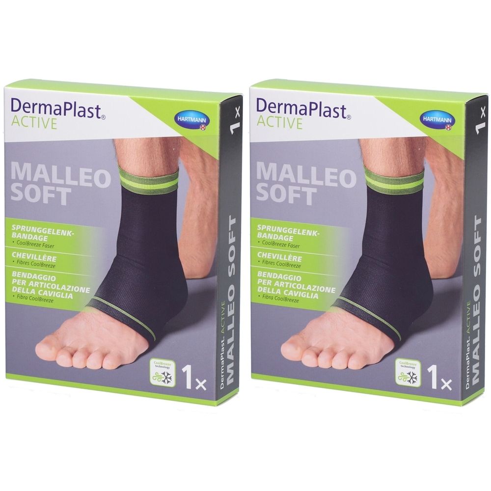 Zwei Packungen mit Knöchelbandagen. Schwarze Bandage mit grünen Akzenten. Aufschrift: DermaPlast Active Malleo Soft.