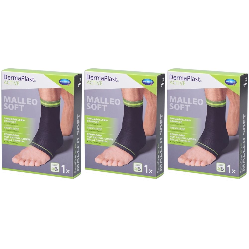 Drei Packungen DERMAPLAST Active Malleo Soft. Jede Packung zeigt eine schwarze Knöchelbandage mit grünen Akzenten, die an einem Fuß getragen wird.