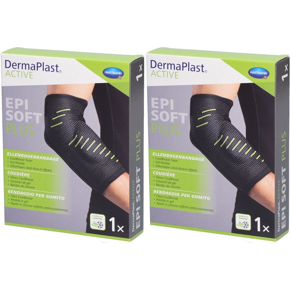 Deux boîtes de Dermaplast Aktiv Epi Soft Plus. Bandages noirs pour le coude sur l'emballage. Texte: EPI SOFT PLUS, 1x.
