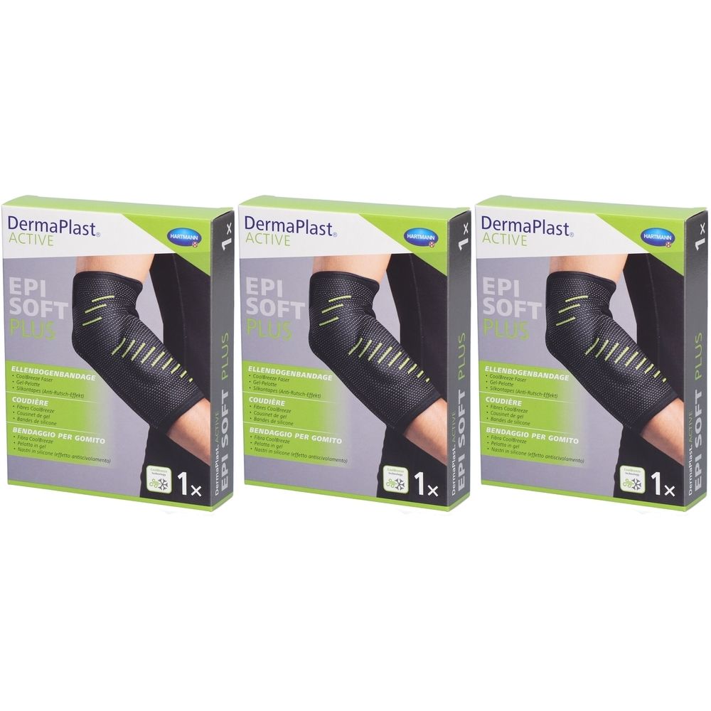 Trois boîtes du produit Dermaplast Aktiv Epi Soft Plus. Chaque boîte présente un coudière noire.