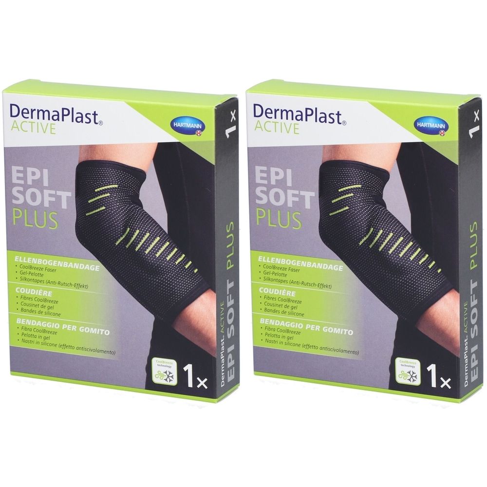Deux boîtes de Dermaplast Aktiv Epi Soft Plus. Chaque boîte montre un bandage pour le coude.