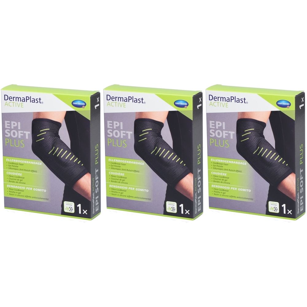 Trois boîtes de Dermaplast Aktiv Epi Soft Plus. Chaque boîte montre une attelle de coude noire avec des rayures jaunes. Impression : 1x.