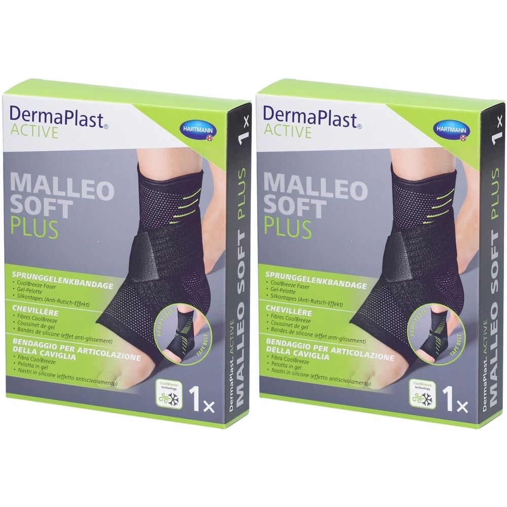 Deux boîtes de DermaPlast Active Malleo Soft Plus. Attelle de cheville noire illustrée sur l'emballage. 1 pièce par boîte.