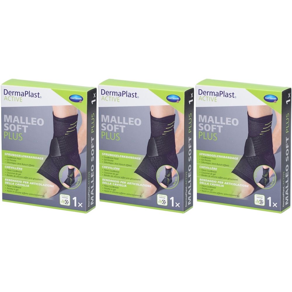 Trois boîtes de bandage de cheville. Sur chaque boîte : DermaPlast Active Malleo Soft Plus. Une cheville avec bandage est illustrée.