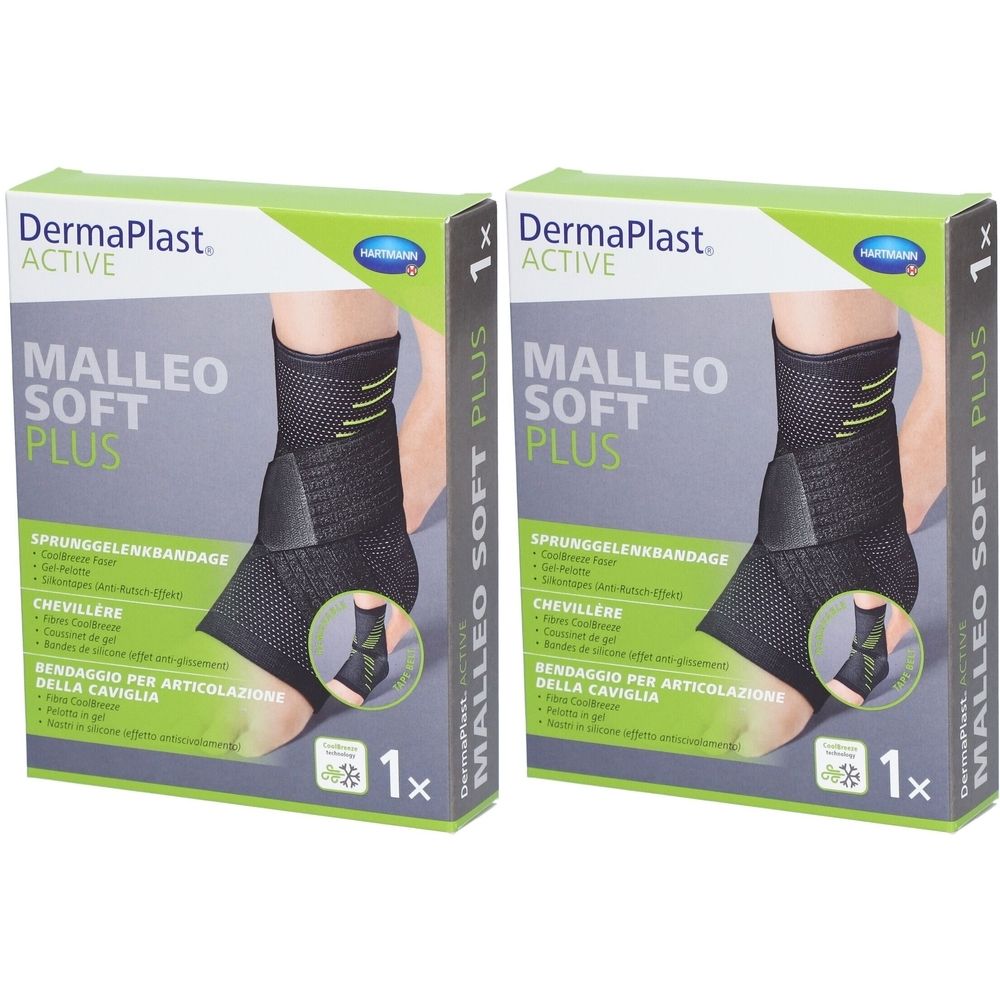 Deux boîtes de DermaPlast Active Malleo Soft Plus. Chaque boîte montre une attelle de cheville.