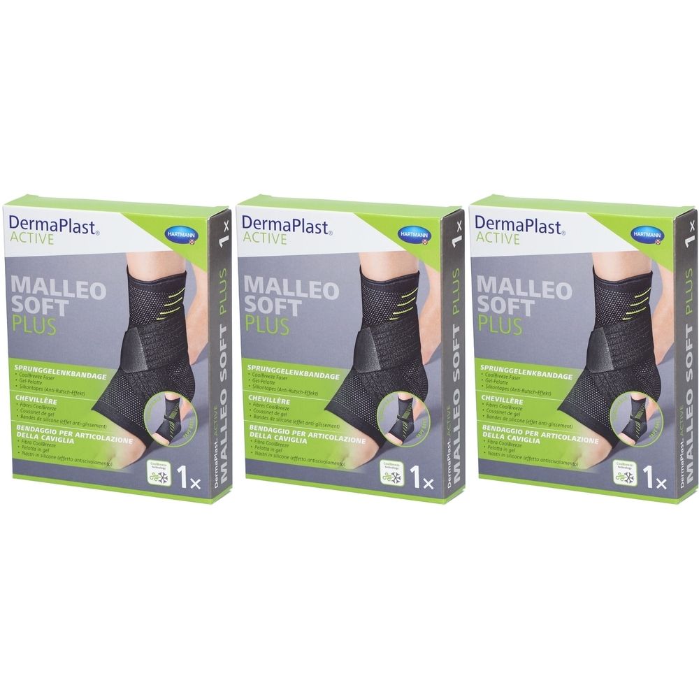 Trois boîtes de DERMAPLAST Active Malleo Soft Plus. Chaque boîte montre une attelle de cheville noire. "1x" est indiqué sur chaque boîte.