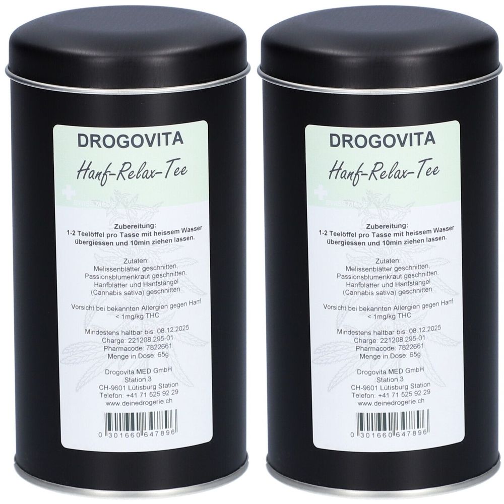 Zwei schwarze Teedosen mit Deckel. Auf jeder Dose ein Etikett mit Produktnamen und Text. Aufschrift: DROGOVITA Hanf-Relax-Tee.