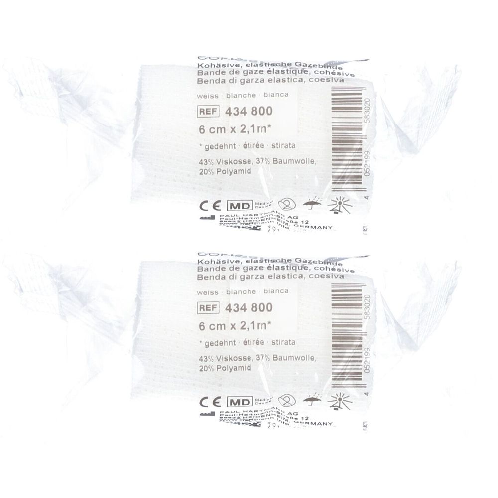 Deux bandes de gaze élastiques blanches. Inscription : 6 cm x 2,1 m, REF 434 800. Composition : 43% viscose, 37% coton, 20% polyamide. Marquage CE.