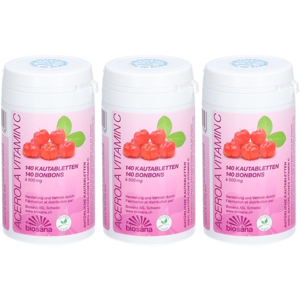 Drei weiße Behälter mit rosa Etiketten. Aufschrift: ACEROLA VITAMIN C, 140 Kautabletten, 4500mg. Abbildung von Acerola-Früchten.