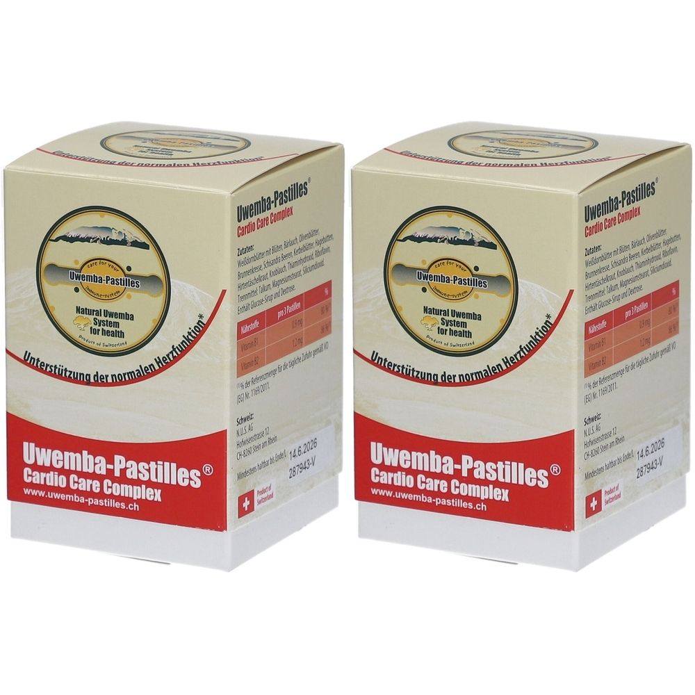 Zwei quadratische Kartons mit Produktinformationen. Aufschrift: Uwemba-Pastilles Cardio Care Complex. Schweizer Kreuz.